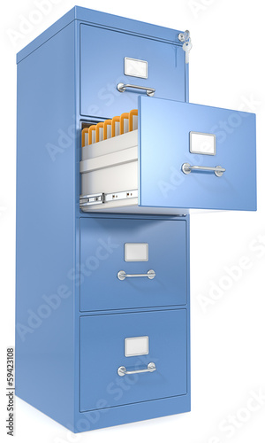 Blue File Cabinet. Open drawer with files. Lock and key.