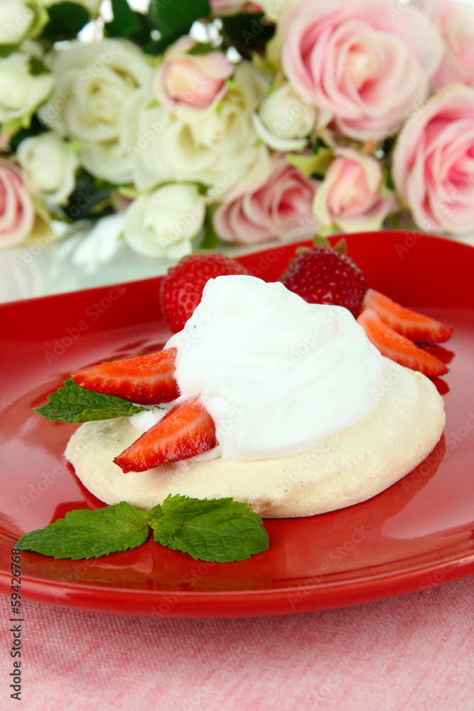 Tasty meringue cake with berries, close up Tasty meringue cake with berries, close up