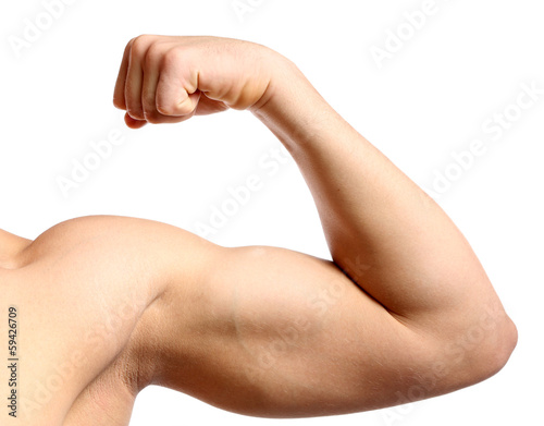 Young muscular man hand with biceps, isolated on white