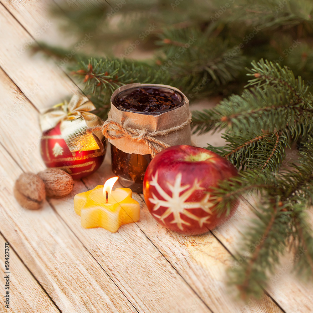 Christmas border with ornament, golden present Christmas border with ornament, golden present