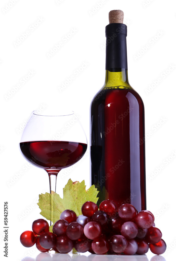 Wineglass with red wine, grape and bottle isolated on white Wineglass with red wine, grape and bottle isolated on white