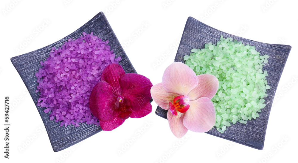 Still life with beautiful blooming orchid flowers and heap of Still life with beautiful blooming orchid flowers and heap of