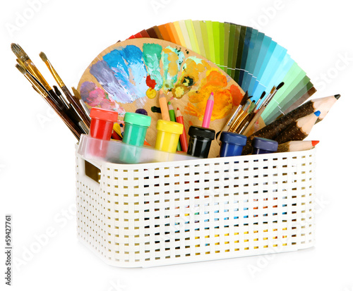 Принти на полотні Plastic basket with art supplies isolated on white