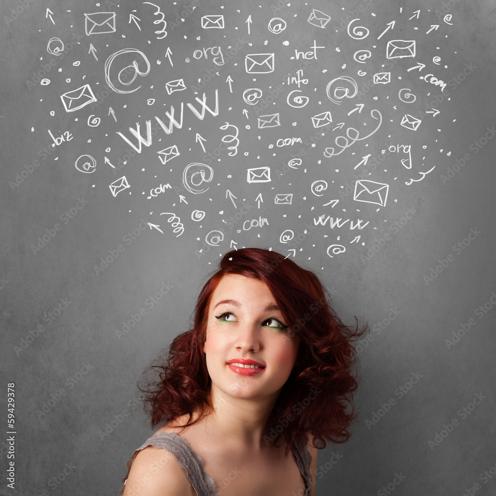 Young woman thinking with social network icons above her head Young woman thinking with social network icons above her head