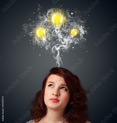 Thoughtful woman with smoke and lightbulbs above her head
