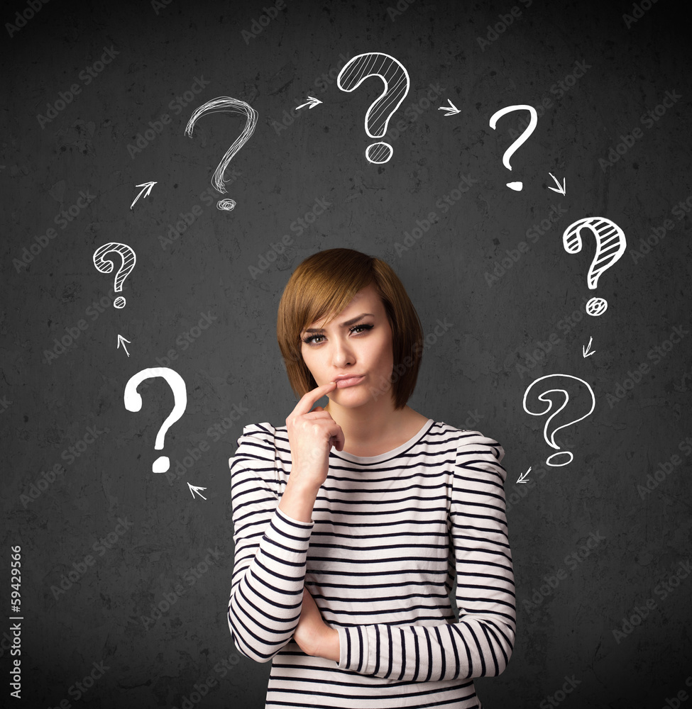 Young woman thinking with question mark circulation around her h
