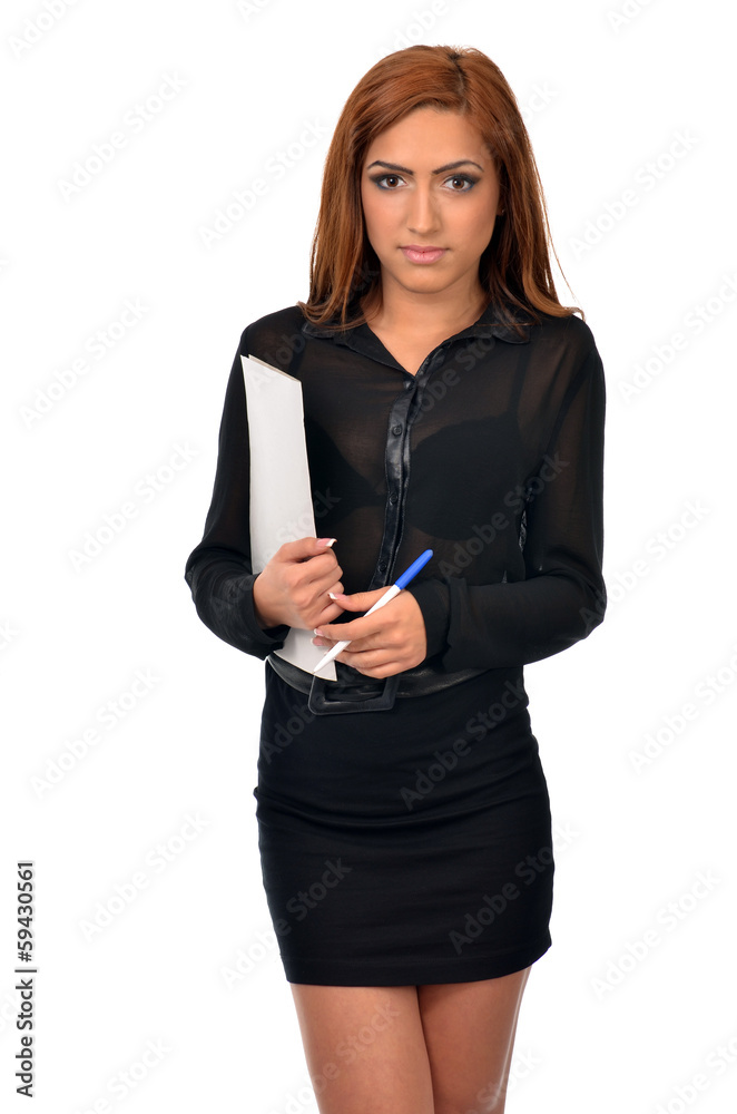 Middle Easter business woman with papers and pen Middle Easter business woman with papers and pen