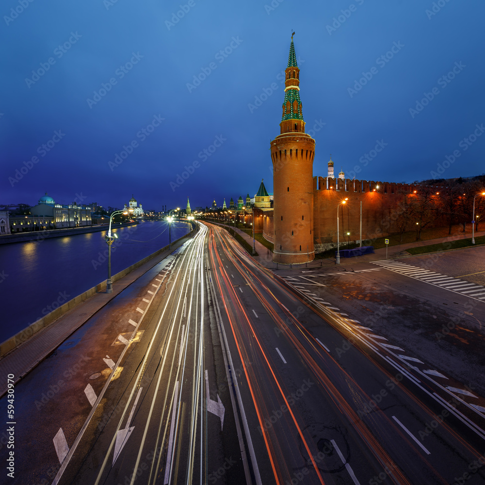 Beklemishevskaya Tower and Moscow Kremlin Embankment at Dusk, Ru