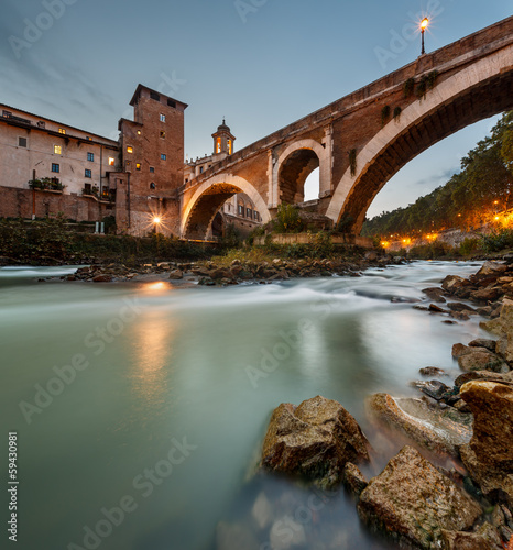 Fabricius Bridge and Tiber Island at Twilight, Rome, Italy