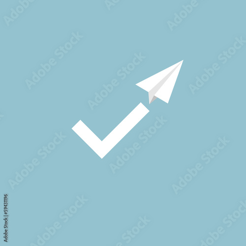 Check mark symbol as the trail of a paper plane