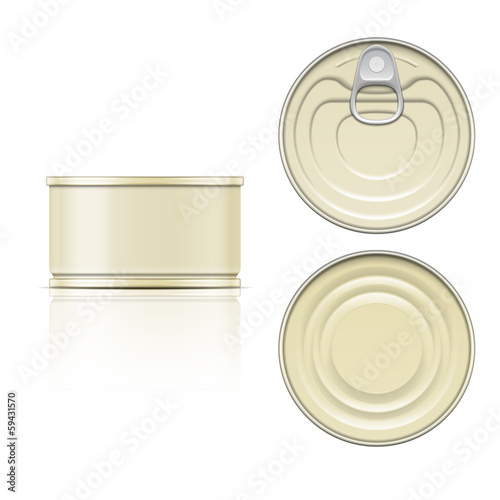 Tin can with ring pull: side, top and bottom view