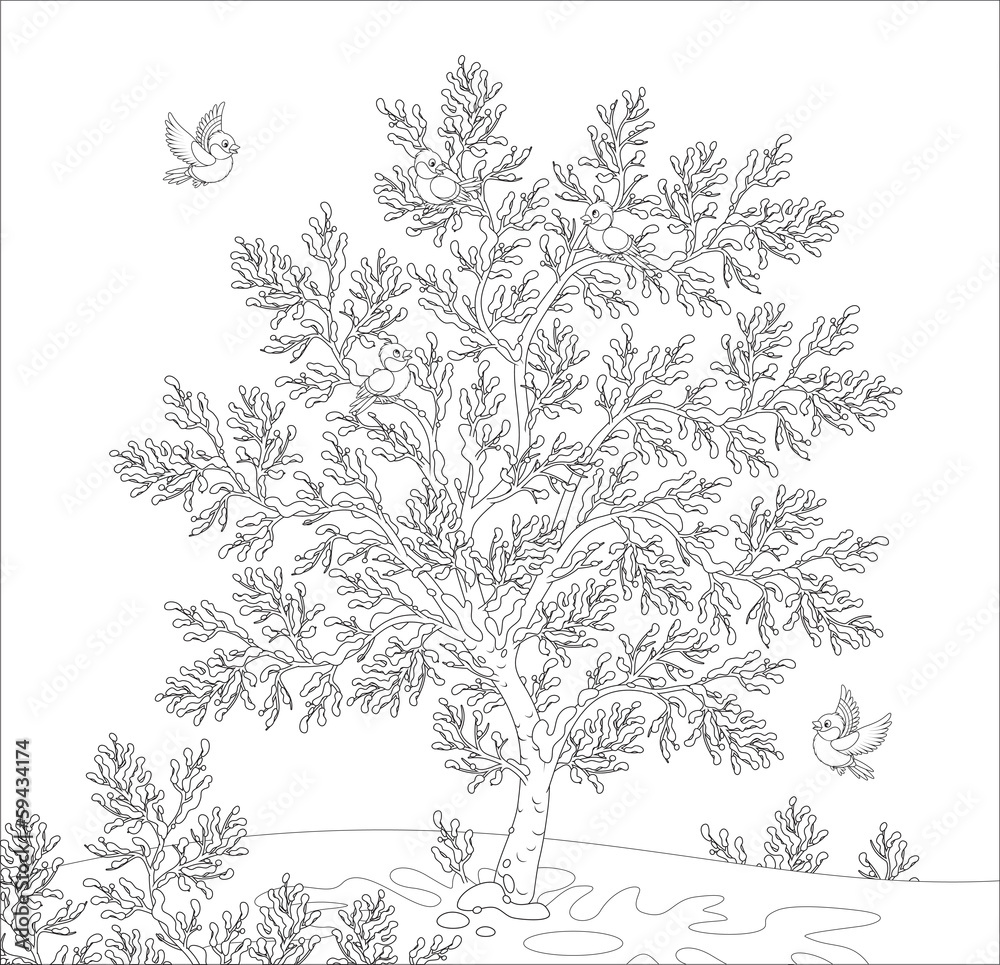 Flock of bullfinches on a snow-covered tree