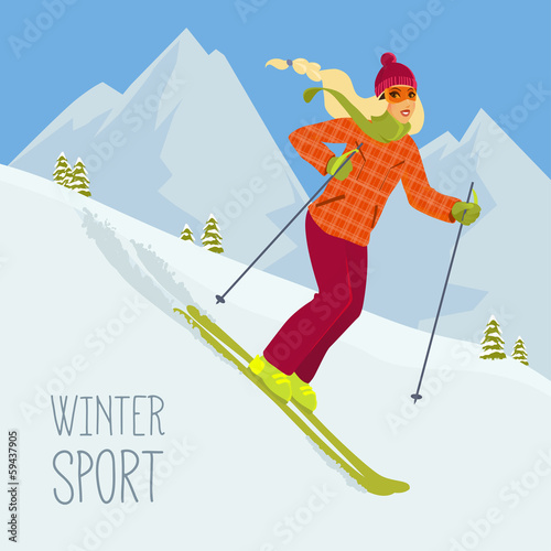 Vector illustration of a cute cartoon skiing girl