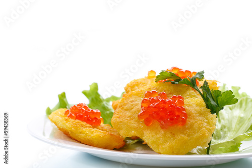 potato pancakes with red caviar