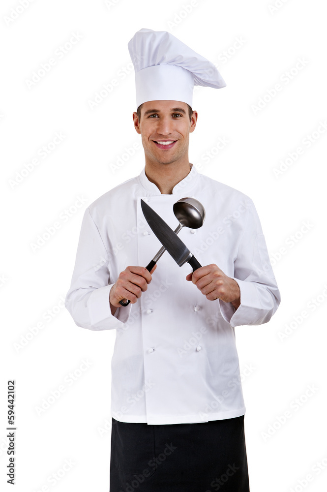 Chef. Isolated over white background. Holding knife and spoon Chef. Isolated over white background. Holding knife and spoon