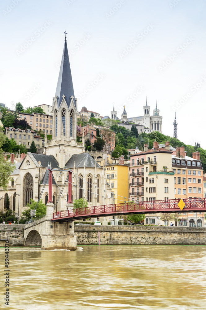 Obraz premium River and Buildings in Lyon, France