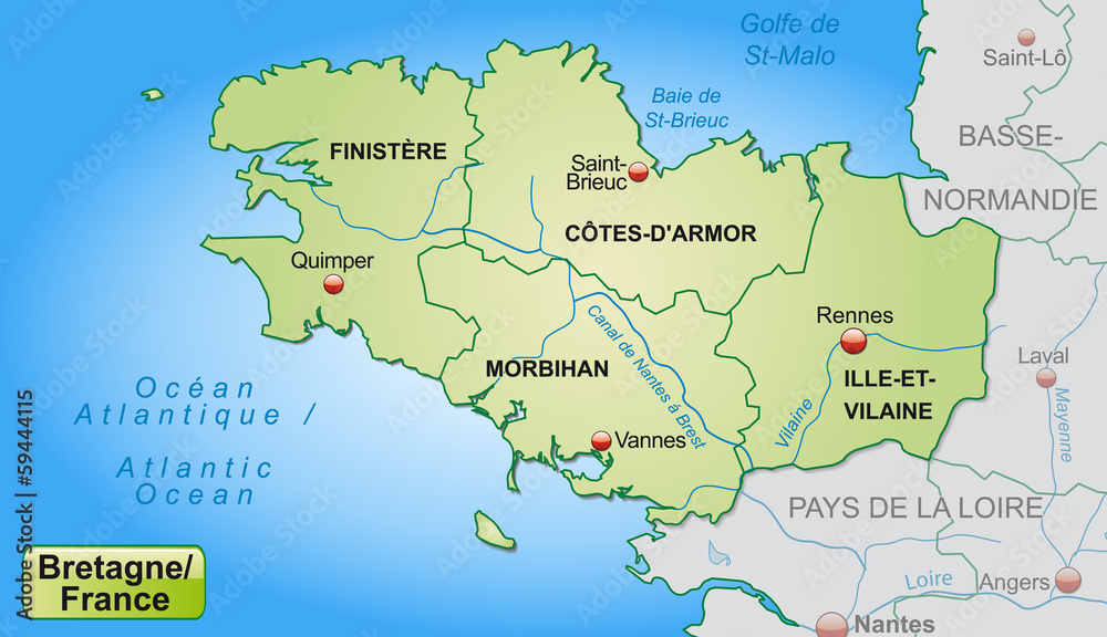 Karte der Bretagne mit Grenzen in Pastelgrün