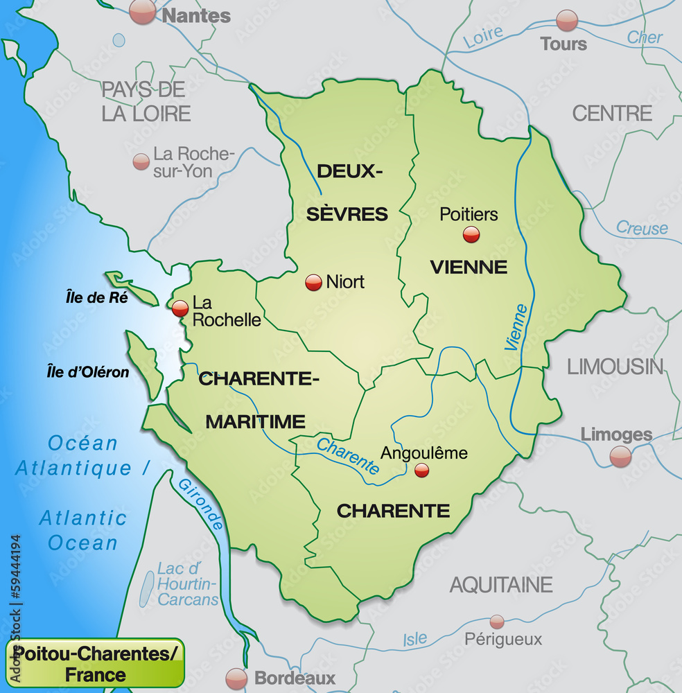 Poitou-Charentes mit Grenzen in Pastelgrün