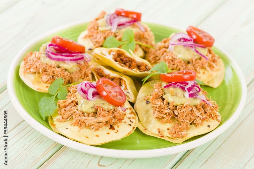 Fototapeta premium Panuchos - Mexican corn tortillas filled with refried beans