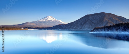 Mt. Fuji and Motosu lake in winter season photo