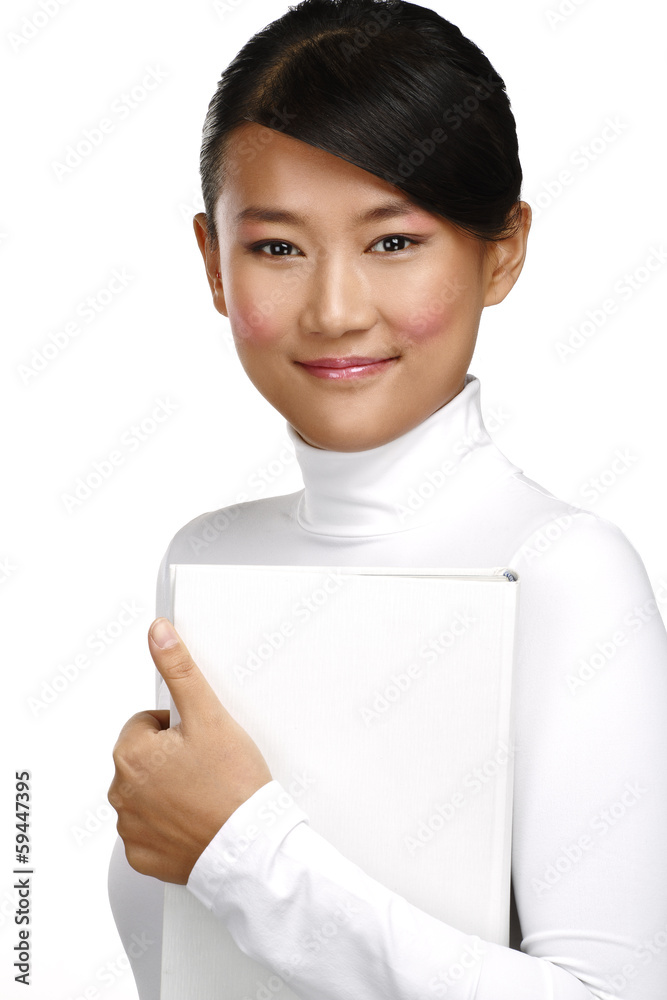 Beautiful asian chinese girl showing a blank book Beautiful asian chinese girl showing a blank book