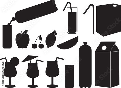 Natural fruits juice in bottles and glasses