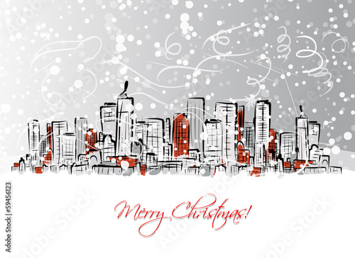 Merry christmas postcard with cityscape background