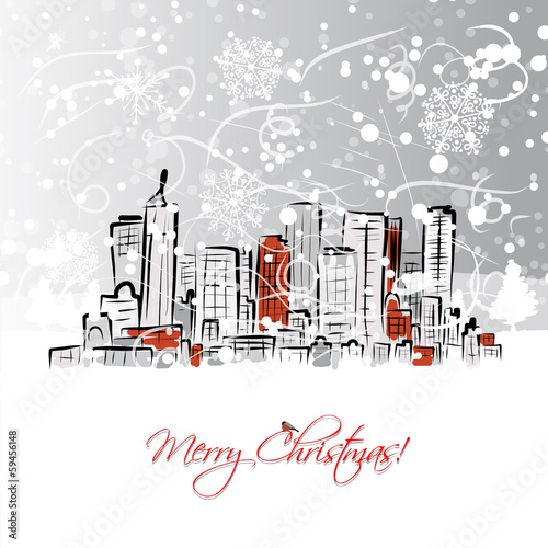 Merry christmas postcard with cityscape background