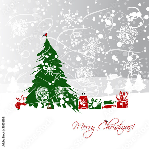 Christmas tree with gifts, postcard design