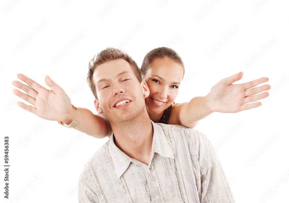 Happy young couple , isolated on white background Happy young couple , isolated on white background