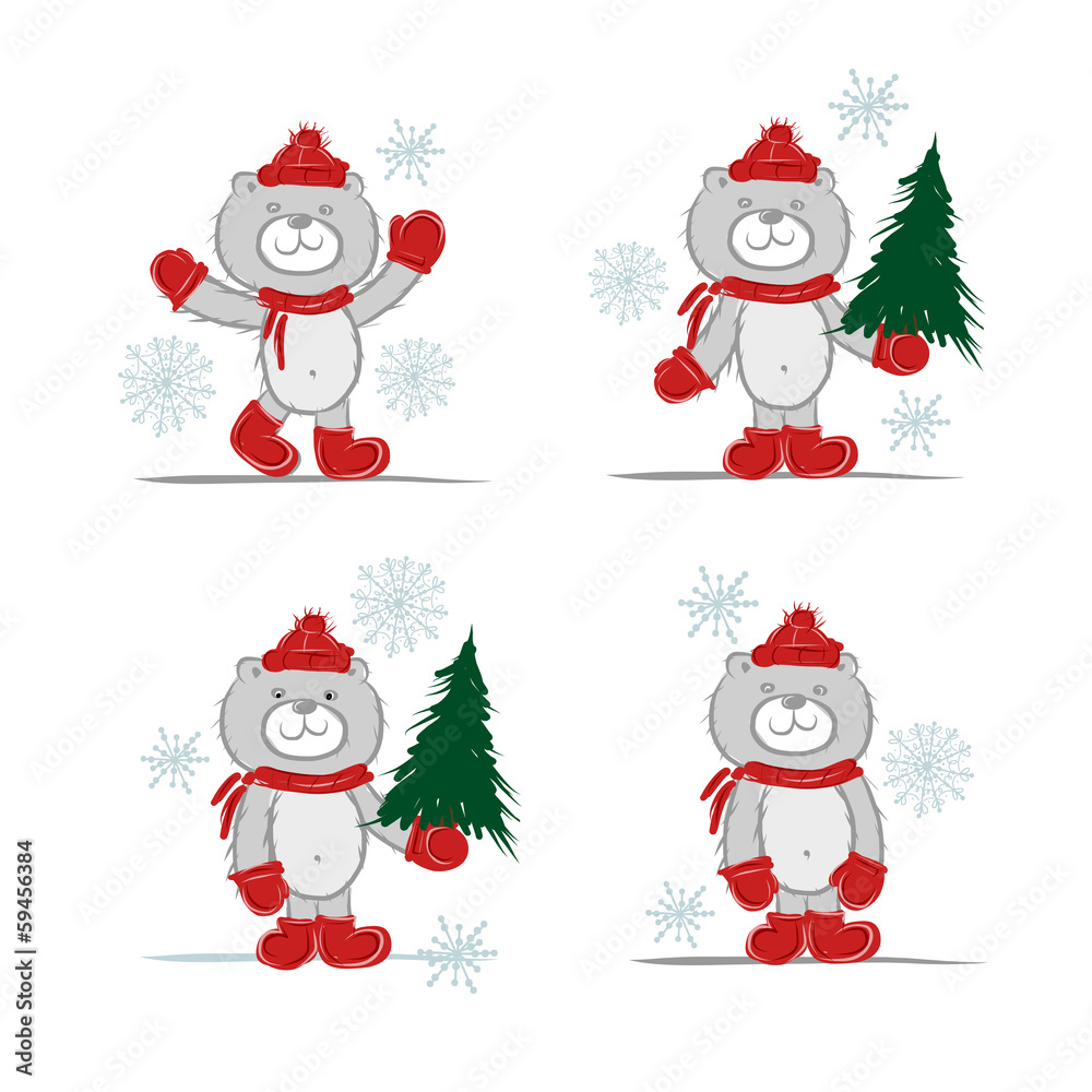 Funny santa bear with christmas tree for your design