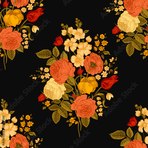 Seamless vector vintage pattern with Victorian bouquet