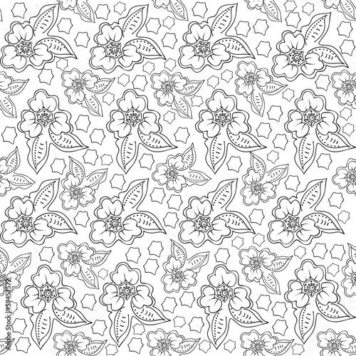 Seamless pattern of black and white flowers.