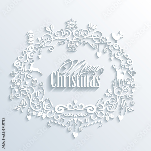 Abstract White Merry Christmas and Happy New Year wreath greetin