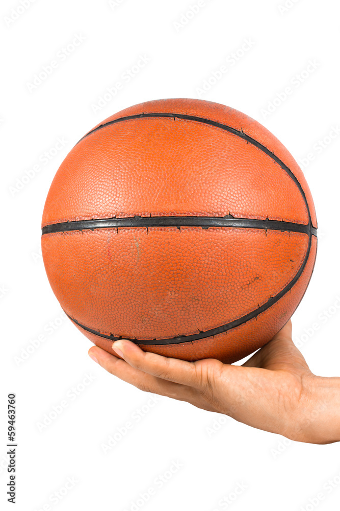Basketball ball in hand isolated over white background