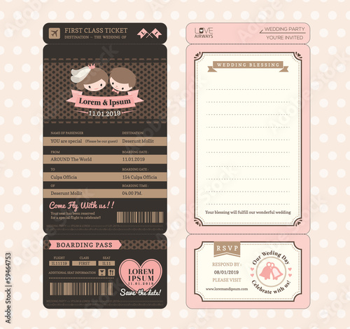 Cute Groom and Bride Vintage Boarding Pass Ticket Wedding Invita