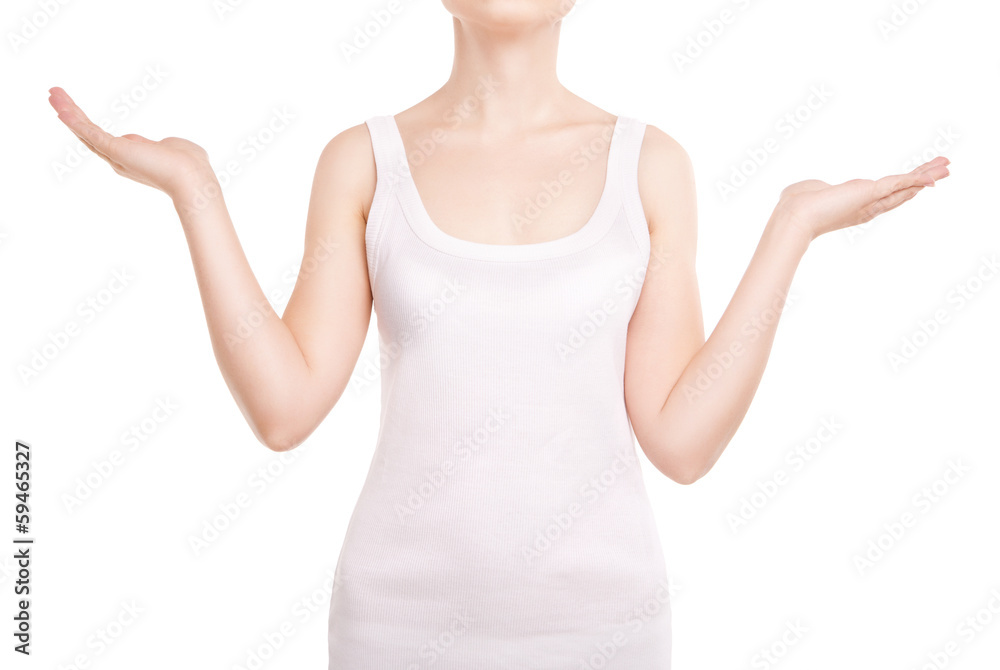 Woman holding something imaginary on white Woman holding something imaginary on white