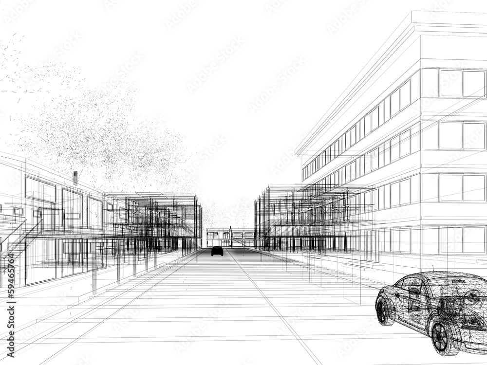 sketch design of city ,3dwire frame render