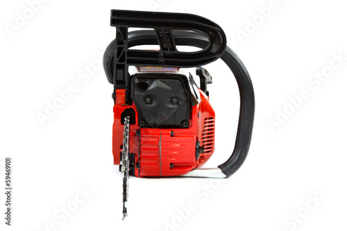 Gasoline chain saw on a white background.