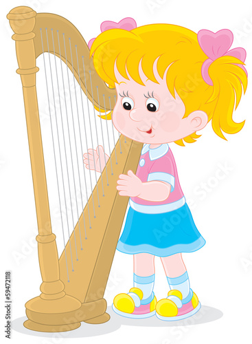 Little girl playing a harp