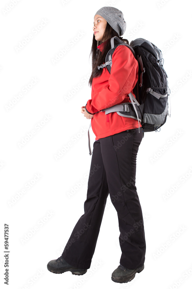 Asian Malay female with hiking attire and backpack. Asian Malay female with hiking attire and backpack.