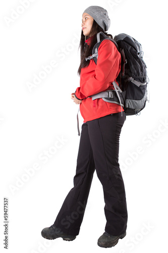 Asian Malay female with hiking attire and backpack.