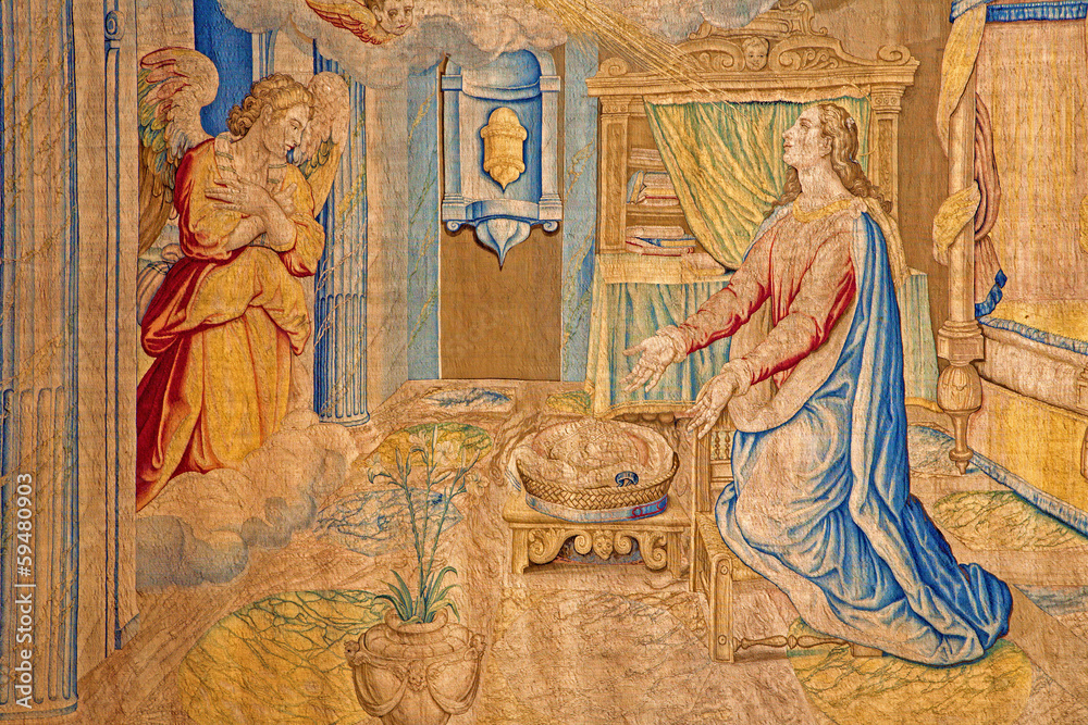 Bergamo - Gobelin of Annunciation in cathedral - detail