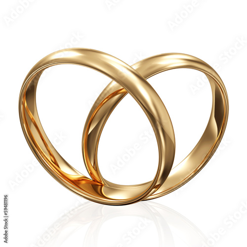 Golden Wedding Rings in Heart Form on white background