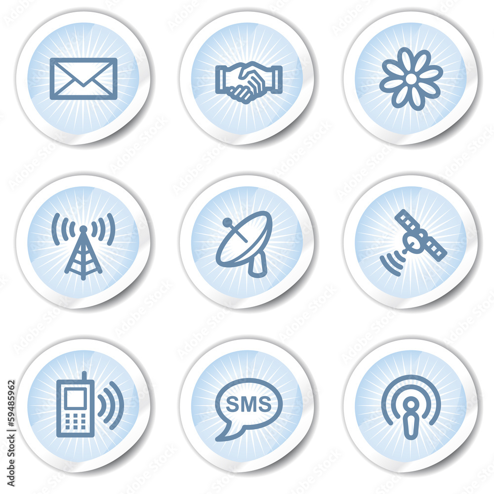 Communication web icons, light blue stickers Communication web icons, light blue stickers