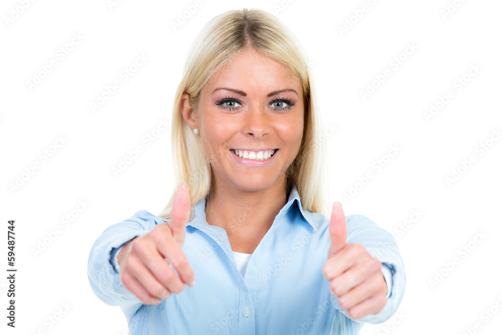 geschäftsfrau zeigt beide daumen zum ok