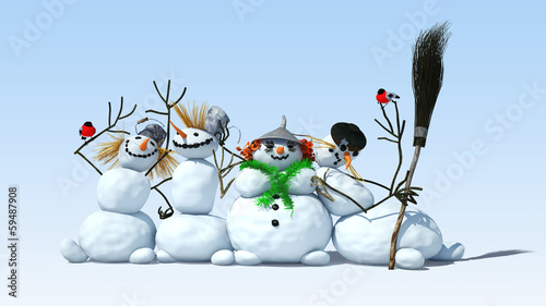 Snowmen and bullfinches are on a white background