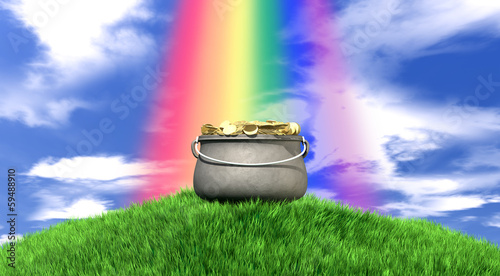 Pot Of Gold And Rainbow On Grassy Hill