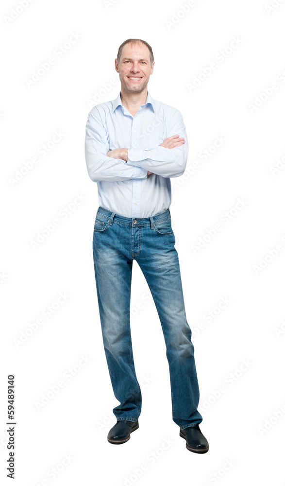 Smiling man in blue shirt and jeanse isolated on white backgroun Smiling man in blue shirt and jeanse isolated on white backgroun