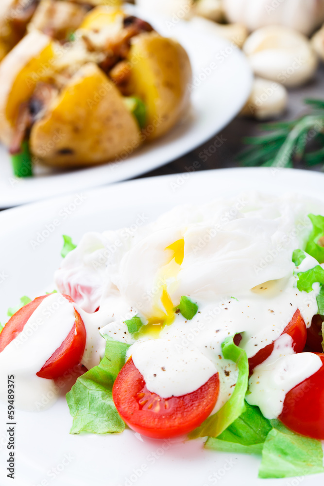 Vegetable salad with poached egg Vegetable salad with poached egg
